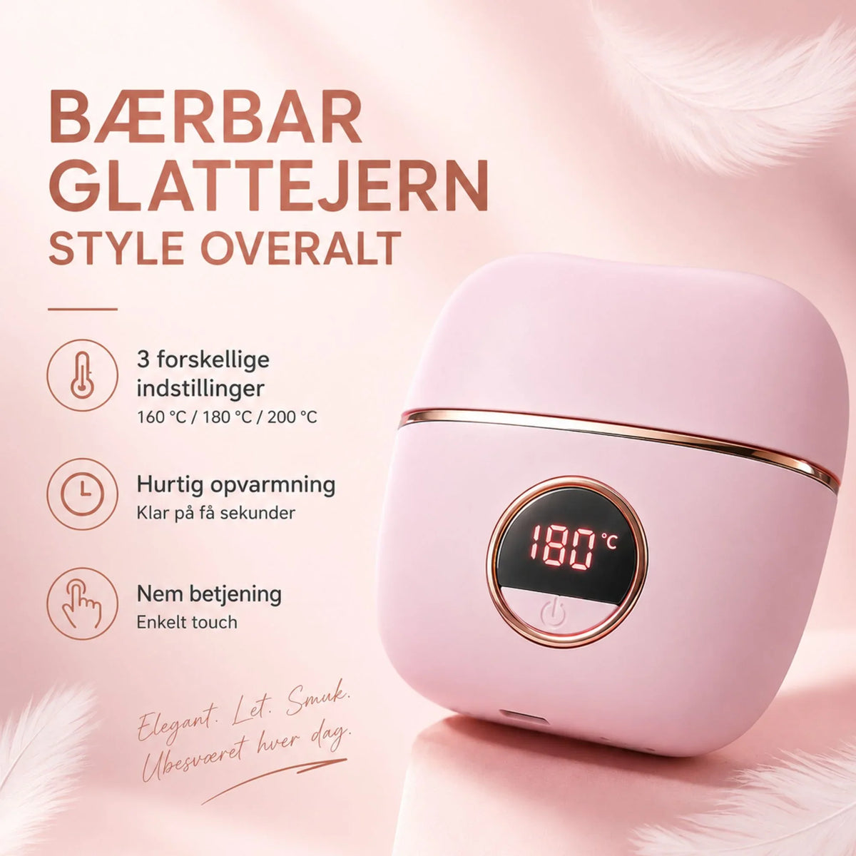 Bærbar glattejern i lyserød design med digital temperaturvisning og touchbetjening